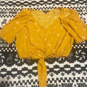 Forever 21 Mustard Floral Tie-Front Blouse
